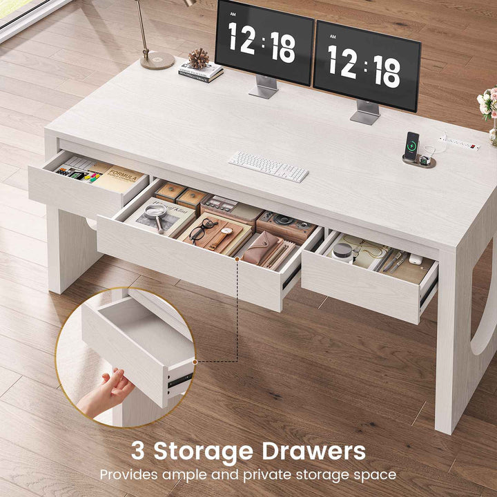 SEDETA | 55 Inch Modern Computer Desk with Power Outlet Home Office Desks with Relief Texture Executive Desk with U-Shaped Legs Office Desk with 3 Drawers