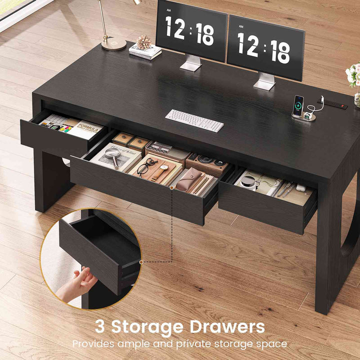 SEDETA | 55 Inch Modern Computer Desk with Power Outlet Home Office Desks with Relief Texture Executive Desk with U-Shaped Legs Office Desk with 3 Drawers