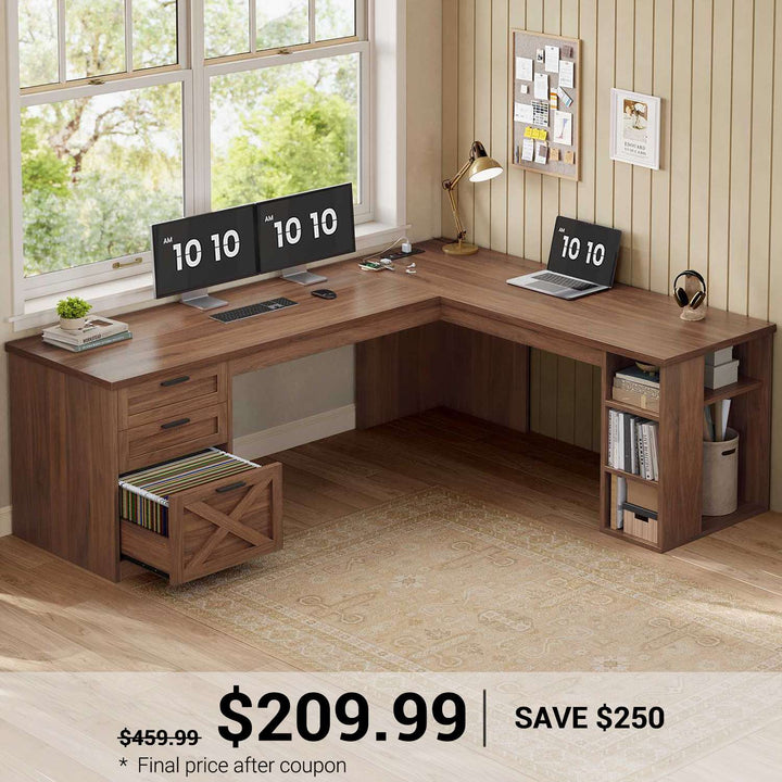 SEDETA 67 Inch Farmhouse L Shaped Computer Desk with 3 Drawers, Home Office Executive Desk with Storage Shelves, Power Outlets