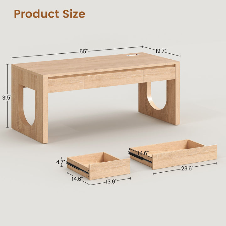 SEDETA | 55 Inch Modern Computer Desk with Power Outlet Home Office Desks with Relief Texture Executive Desk with U-Shaped Legs Office Desk with 3 Drawers