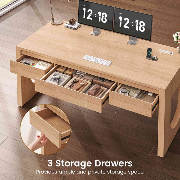 SEDETA | 55 Inch Modern Computer Desk with Power Outlet Home Office Desks with Relief Texture Executive Desk with U-Shaped Legs Office Desk with 3 Drawers