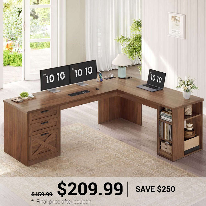 SEDETA 67 Inch Farmhouse L Shaped Computer Desk with 3 Drawers, Home Office Executive Desk with Storage Shelves, Power Outlets