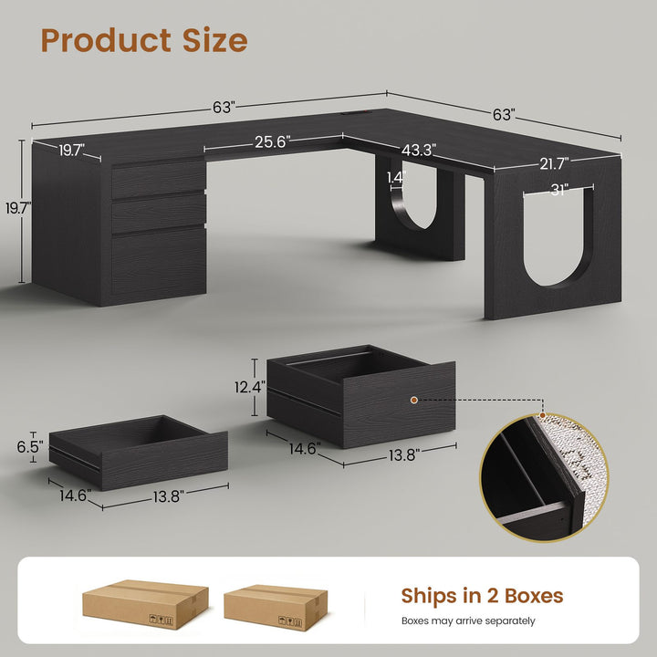 SEDETA 63 Inch Wood L Shaped Computer Desk with 3 Drawers Modern Executive Office Desk with U-Shaped Legs Relief Texture Power Outlet