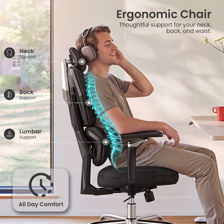 SEDETA® Home Office Desk Chairs with Headrest Butterfly-Shaped Backrest S100 Ergonomic Office Chair with Lumbar Support 6D Armrests Comfortable Ergonomic Gaming Chairs