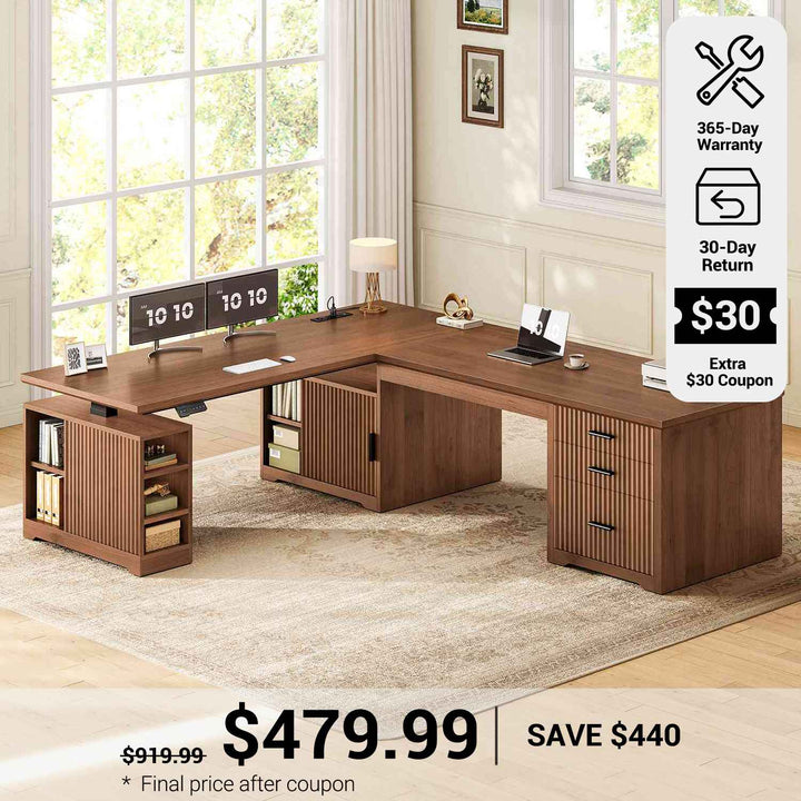 SEDETA® 63 Inch Fluted Height Adjustable Desk with 3 Drawers 2 person Desk with Power Outlet Standing Desk with 7 Open Shelves Convertible L Shaped Desk with Storage Cabinet