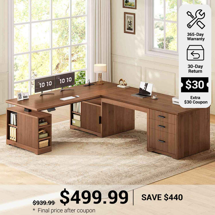 SEDETA 63 Inch Fluted L Shaped Standing Desk with 7 Open Shelves Height Adjustable Desk with 3 Drawers Convertible L Shaped Desk with Storage Cabinet 2 person Desk Computer Desk with Power Outlet