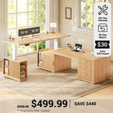 SEDETA 63 Inch Fluted L Shaped Standing Desk with 7 Open Shelves Height Adjustable Desk with 3 Drawers Convertible L Shaped Desk with Storage Cabinet 2 person Desk Computer Desk with Power Outlet
