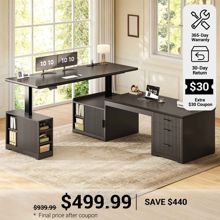 SEDETA 63 Inch Fluted L Shaped Standing Desk with 7 Open Shelves Height Adjustable Desk with 3 Drawers Convertible L Shaped Desk with Storage Cabinet 2 person Desk Computer Desk with Power Outlet