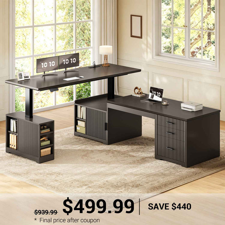 SEDETA 63 Inch Fluted L Shaped Standing Desk with 7 Open Shelves Height Adjustable Desk with 3 Drawers Convertible L Shaped Desk with Storage Cabinet 2 person Desk Computer Desk with Power Outlet