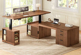 SEDETA 63 Inch Fluted L Shaped Standing Desk with 7 Open Shelves Height Adjustable Desk with 3 Drawers Convertible L Shaped Desk with Storage Cabinet 2 person Desk Computer Desk with Power Outlet