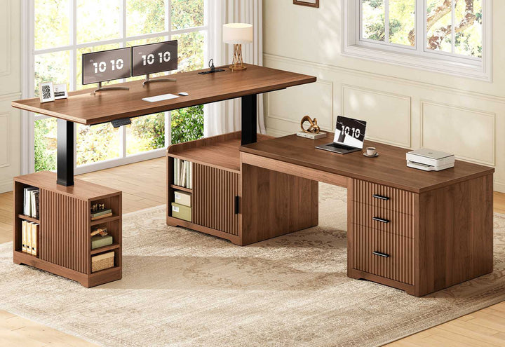SEDETA 63 Inch Fluted L Shaped Standing Desk with 7 Open Shelves Height Adjustable Desk with 3 Drawers Convertible L Shaped Desk with Storage Cabinet 2 person Desk Computer Desk with Power Outlet