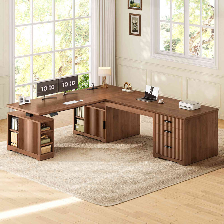 SEDETA 63 Inch Fluted L Shaped Standing Desk with 7 Open Shelves Height Adjustable Desk with 3 Drawers Convertible L Shaped Desk with Storage Cabinet 2 person Desk Computer Desk with Power Outlet