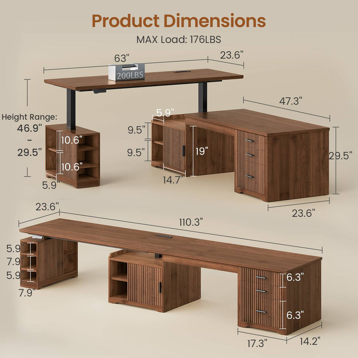 SEDETA 63 Inch Fluted L Shaped Standing Desk with 7 Open Shelves Height Adjustable Desk with 3 Drawers Convertible L Shaped Desk with Storage Cabinet 2 person Desk Computer Desk with Power Outlet