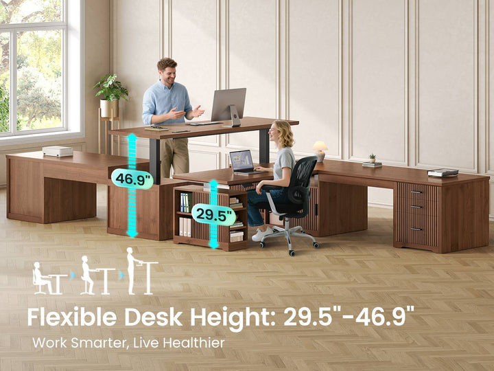SEDETA 63 Inch Fluted L Shaped Standing Desk with 7 Open Shelves Height Adjustable Desk with 3 Drawers Convertible L Shaped Desk with Storage Cabinet 2 person Desk Computer Desk with Power Outlet