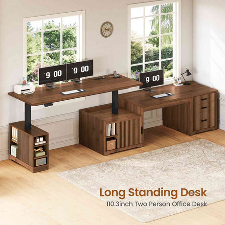SEDETA 63 Inch Fluted L Shaped Standing Desk with 7 Open Shelves Height Adjustable Desk with 3 Drawers Convertible L Shaped Desk with Storage Cabinet 2 person Desk Computer Desk with Power Outlet