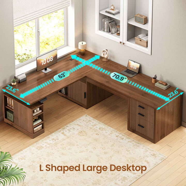 SEDETA 63 Inch Fluted L Shaped Standing Desk with 7 Open Shelves Height Adjustable Desk with 3 Drawers Convertible L Shaped Desk with Storage Cabinet 2 person Desk Computer Desk with Power Outlet