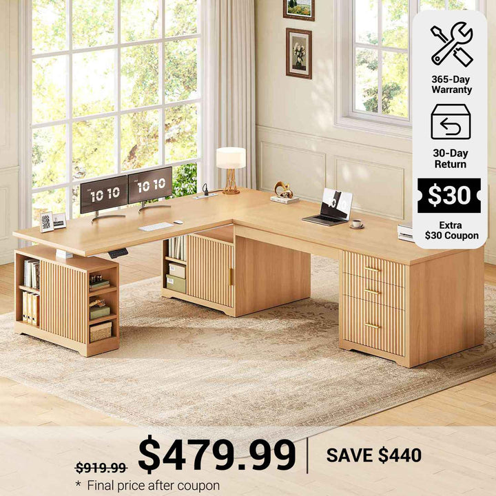 SEDETA® 63 Inch Fluted Height Adjustable Desk with 3 Drawers 2 person Desk with Power Outlet Standing Desk with 7 Open Shelves Convertible L Shaped Desk with Storage Cabinet