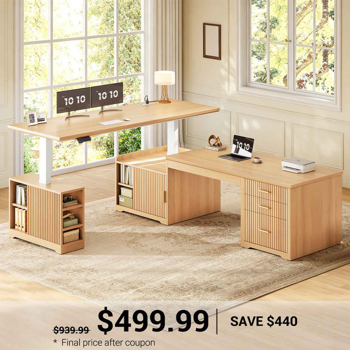 SEDETA 63 Inch Fluted L Shaped Standing Desk with 7 Open Shelves Height Adjustable Desk with 3 Drawers Convertible L Shaped Desk with Storage Cabinet 2 person Desk Computer Desk with Power Outlet
