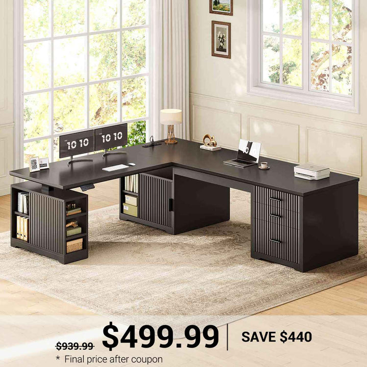 SEDETA 63 Inch Fluted L Shaped Standing Desk with 7 Open Shelves Height Adjustable Desk with 3 Drawers Convertible L Shaped Desk with Storage Cabinet 2 person Desk Computer Desk with Power Outlet