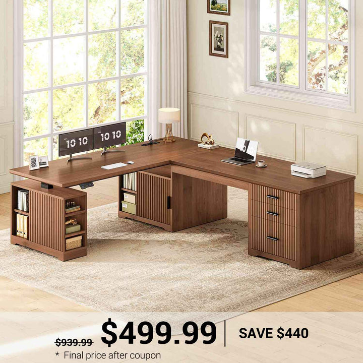 SEDETA 63 Inch Fluted L Shaped Standing Desk with 7 Open Shelves Height Adjustable Desk with 3 Drawers Convertible L Shaped Desk with Storage Cabinet 2 person Desk Computer Desk with Power Outlet