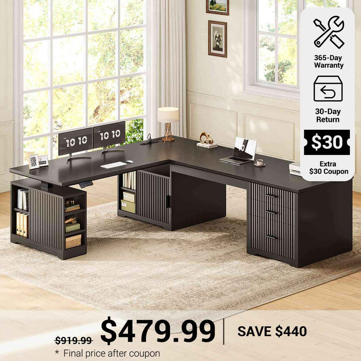 SEDETA® 63 Inch Fluted Height Adjustable Desk with 3 Drawers 2 person Desk with Power Outlet Standing Desk with 7 Open Shelves Convertible L Shaped Desk with Storage Cabinet