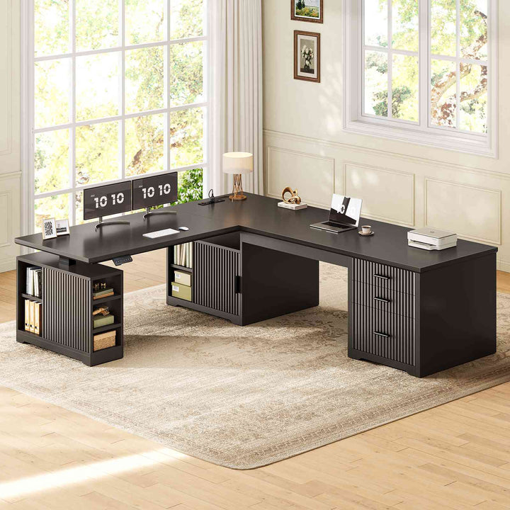 SEDETA 63 Inch Fluted L Shaped Standing Desk with 7 Open Shelves Height Adjustable Desk with 3 Drawers Convertible L Shaped Desk with Storage Cabinet 2 person Desk Computer Desk with Power Outlet