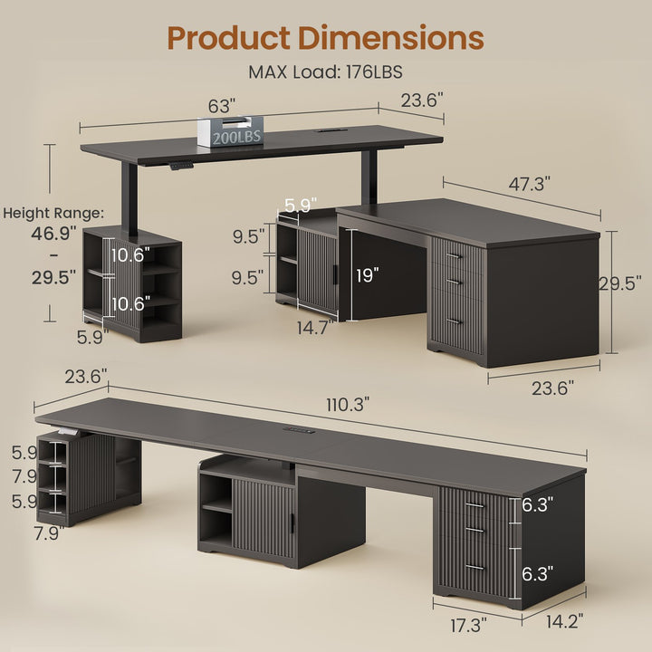 SEDETA 63 Inch Fluted L Shaped Standing Desk with 7 Open Shelves Height Adjustable Desk with 3 Drawers Convertible L Shaped Desk with Storage Cabinet 2 person Desk Computer Desk with Power Outlet