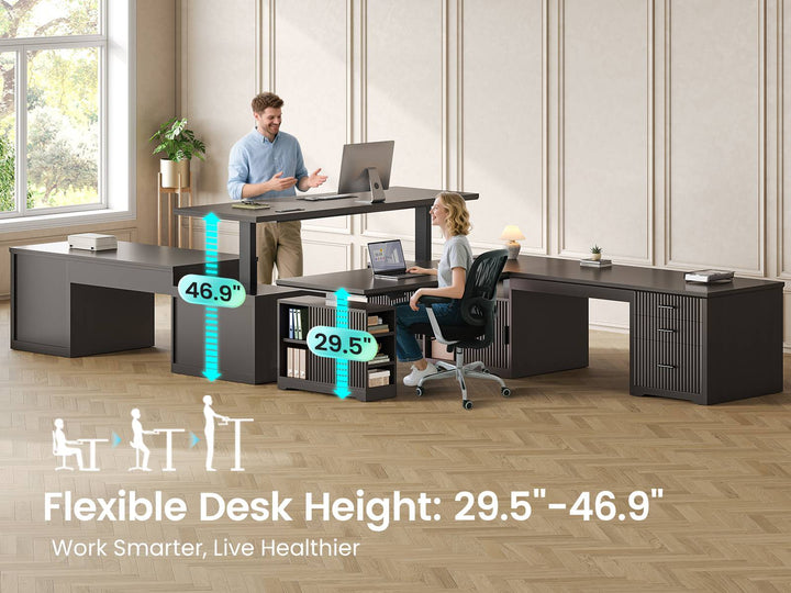 SEDETA 63 Inch Fluted L Shaped Standing Desk with 7 Open Shelves Height Adjustable Desk with 3 Drawers Convertible L Shaped Desk with Storage Cabinet 2 person Desk Computer Desk with Power Outlet