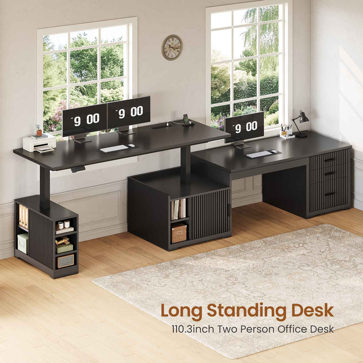 SEDETA 63 Inch Fluted L Shaped Standing Desk with 7 Open Shelves Height Adjustable Desk with 3 Drawers Convertible L Shaped Desk with Storage Cabinet 2 person Desk Computer Desk with Power Outlet
