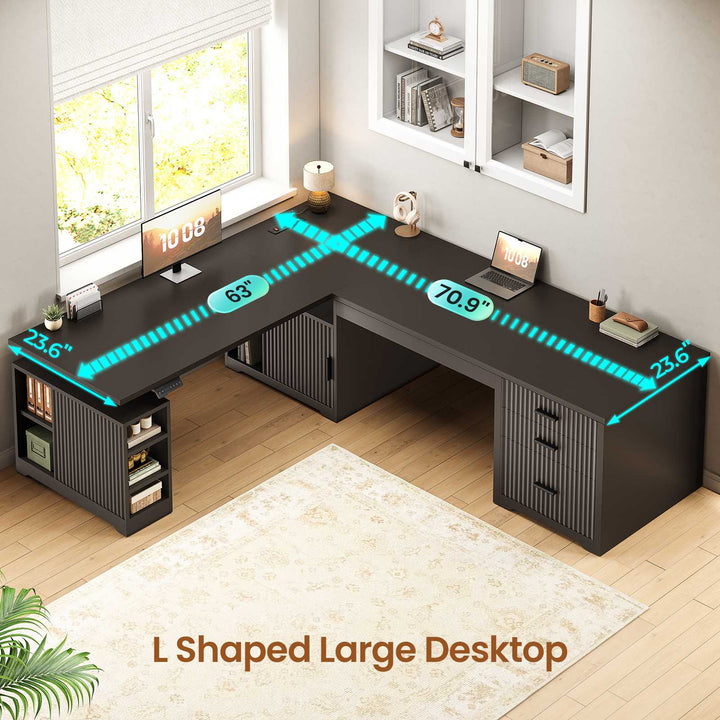 SEDETA 63 Inch Fluted L Shaped Standing Desk with 7 Open Shelves Height Adjustable Desk with 3 Drawers Convertible L Shaped Desk with Storage Cabinet 2 person Desk Computer Desk with Power Outlet