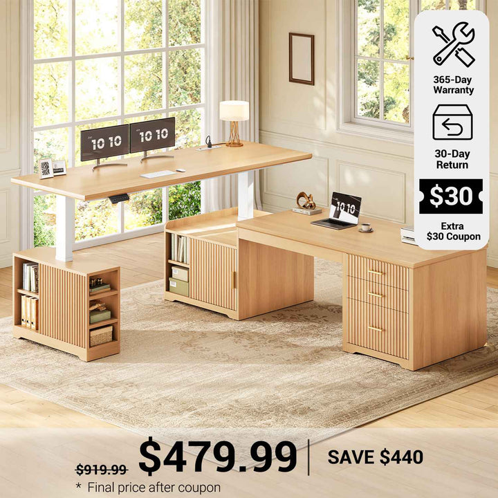 SEDETA® 63 Inch Fluted Height Adjustable Desk with 3 Drawers 2 person Desk with Power Outlet Standing Desk with 7 Open Shelves Convertible L Shaped Desk with Storage Cabinet