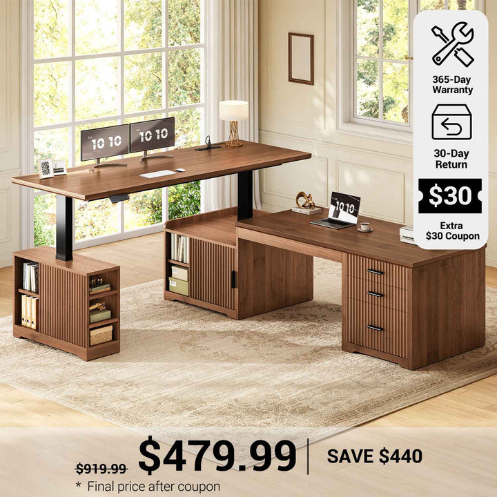 SEDETA® 63 Inch Fluted Height Adjustable Desk with 3 Drawers 2 person Desk with Power Outlet Standing Desk with 7 Open Shelves Convertible L Shaped Desk with Storage Cabinet