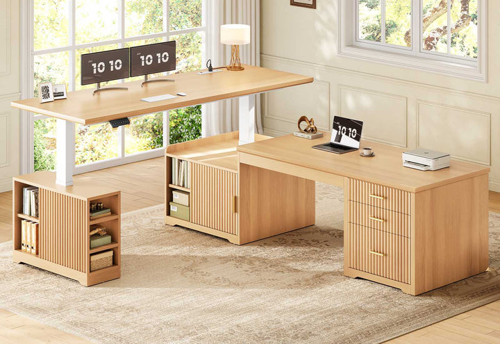SEDETA 63 Inch Fluted L Shaped Standing Desk with 7 Open Shelves Height Adjustable Desk with 3 Drawers Convertible L Shaped Desk with Storage Cabinet 2 person Desk Computer Desk with Power Outlet