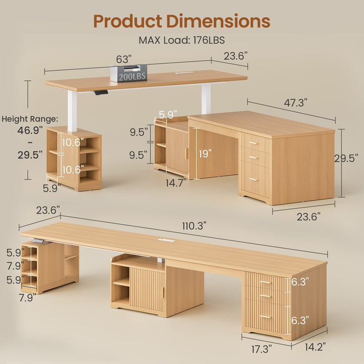 SEDETA 63 Inch Fluted L Shaped Standing Desk with 7 Open Shelves Height Adjustable Desk with 3 Drawers Convertible L Shaped Desk with Storage Cabinet 2 person Desk Computer Desk with Power Outlet