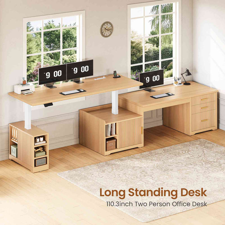 SEDETA 63 Inch Fluted L Shaped Standing Desk with 7 Open Shelves Height Adjustable Desk with 3 Drawers Convertible L Shaped Desk with Storage Cabinet 2 person Desk Computer Desk with Power Outlet