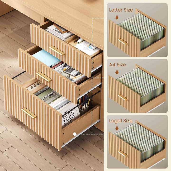 SEDETA 63 Inch Fluted L Shaped Standing Desk with 7 Open Shelves Height Adjustable Desk with 3 Drawers Convertible L Shaped Desk with Storage Cabinet 2 person Desk Computer Desk with Power Outlet