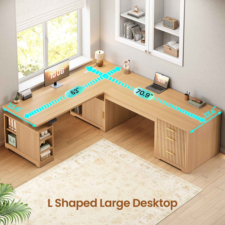 SEDETA 63 Inch Fluted L Shaped Standing Desk with 7 Open Shelves Height Adjustable Desk with 3 Drawers Convertible L Shaped Desk with Storage Cabinet 2 person Desk Computer Desk with Power Outlet