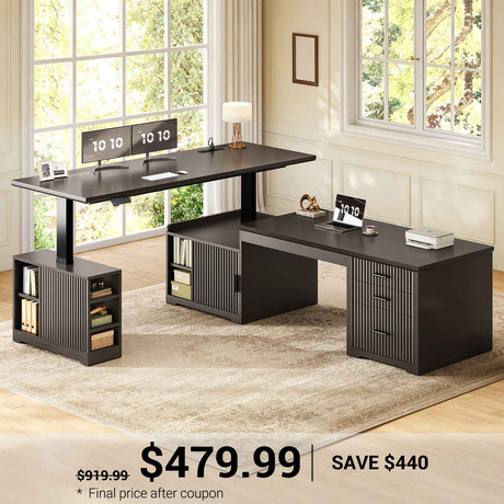 SEDETA | 63 Inch Fluted Height Adjustable Desk with 3 Drawers Convertible L Shaped Desk with Power Outlet Standing Desk with 7 Open Shelves 2 person Desk with Storage Cabinet