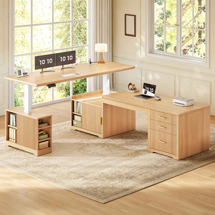SEDETA | 63 Inch Fluted Height Adjustable Desk with 3 Drawers Convertible L Shaped Desk with Power Outlet Standing Desk with 7 Open Shelves 2 person Desk with Storage Cabinet