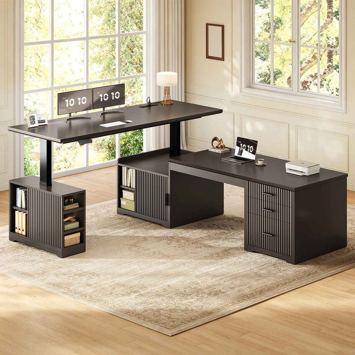 SEDETA | 63 Inch Fluted Height Adjustable Desk with 3 Drawers Convertible L Shaped Desk with Power Outlet Standing Desk with 7 Open Shelves 2 person Desk with Storage Cabinet