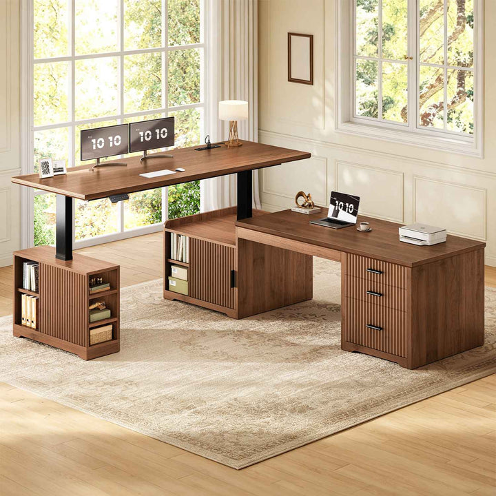SEDETA | 63 Inch Fluted Height Adjustable Desk with 3 Drawers Convertible L Shaped Desk with Power Outlet Standing Desk with 7 Open Shelves 2 person Desk with Storage Cabinet