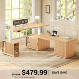 SEDETA | 63 Inch Fluted Height Adjustable Desk with 3 Drawers Convertible L Shaped Desk with Power Outlet Standing Desk with 7 Open Shelves 2 person Desk with Storage Cabinet