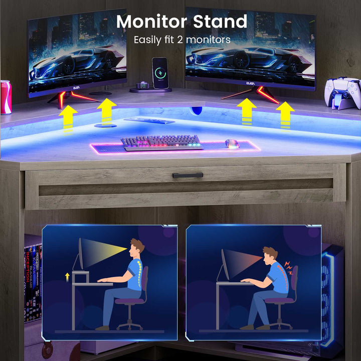 SEDETA 31.5 Inch Corner Small Computer Desk Gaming Desk with LED Lights Power Strip Drawers Storage Shelves Hutch for Home Office