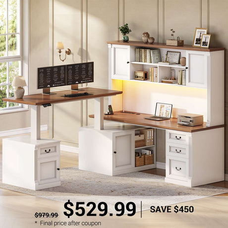 SEDETA | 71 Inch Height Adjustable Electric Standing Desk with 4 Drawers and Led Lights L Shaped Executive Desk with Storage Cabinet Power Outlet for Two Person