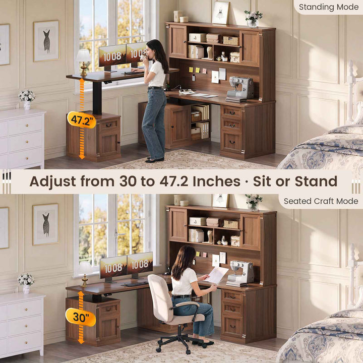 SEDETA® 71 Inch Height Adjustable Electric Standing Desk with 4 Drawers and Power Outlet L Shaped Executive Desk with Storage Cabinet Led Lights for Two Person