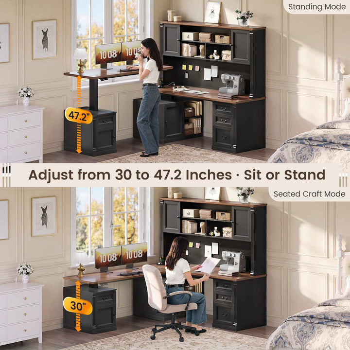 SEDETA® 71 Inch Height Adjustable Electric Standing Desk with 4 Drawers and Power Outlet L Shaped Executive Desk with Storage Cabinet Led Lights for Two Person