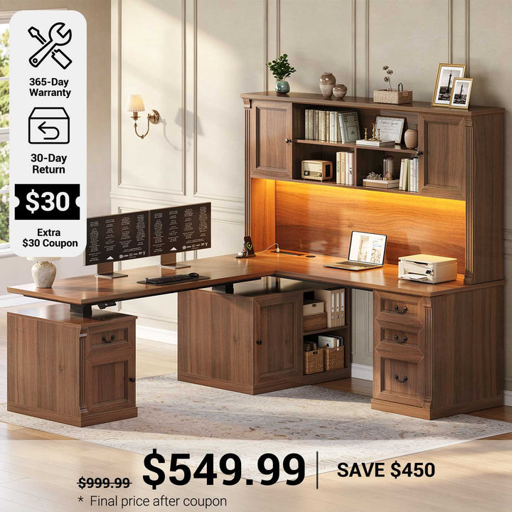 SEDETA 71 Inch Farmhouse L Shaped Electric Standing Desk with Hutch 4 Drawers and Storage Cabinet Height Adjustable Office Executive Desk with Power Outlet Led Lights for Two Person