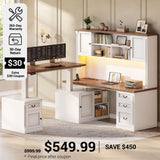 SEDETA 71 Inch Farmhouse L Shaped Electric Standing Desk with Hutch 4 Drawers and Storage Cabinet Height Adjustable Office Executive Desk with Power Outlet Led Lights for Two Person