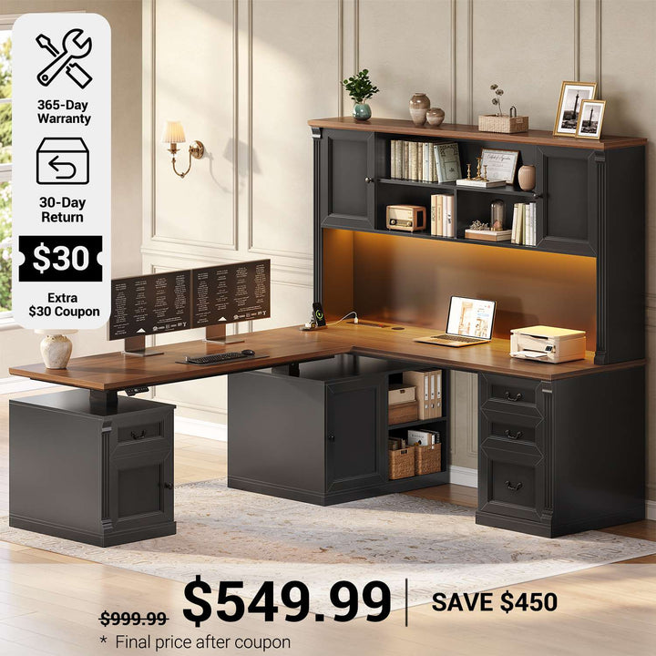 SEDETA 71 Inch Farmhouse L Shaped Electric Standing Desk with Hutch 4 Drawers and Storage Cabinet Height Adjustable Office Executive Desk with Power Outlet Led Lights for Two Person