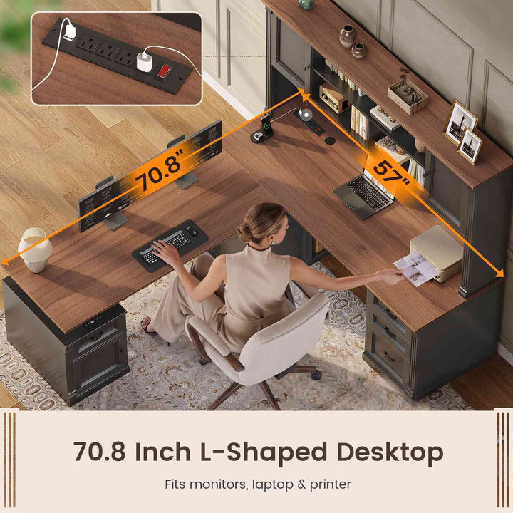 SEDETA® 71 Inch Height Adjustable Electric Standing Desk with 4 Drawers and Power Outlet L Shaped Executive Desk with Storage Cabinet Led Lights for Two Person